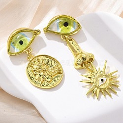 Alloy & Resin Dangle Stud Earrings, Evil Eye & Sun, Left and Right, Golden, 51x29mm(EJEW-M075-03G)