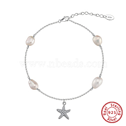 925 Sterling Silver Cable Chain Anklet, Natural Freshwater Pearls, Micro Pave Grade 4A Cubic Zirconia Star Charm, Real Platinum Plated, 8-7/8 inch(22.5cm)(AJEW-Z029-12P)