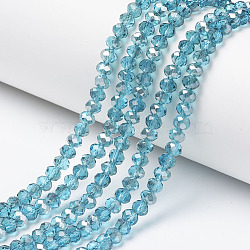 Electroplate Transparent Glass Beads Strands, Half Gray Plated, Faceted, Rondelle, Cyan, 4x3mm, Hole: 0.4mm, about 123~127pcs/strand, 16.5~16.9 inch(42~43cm)(X1-EGLA-A034-T4mm-E11)