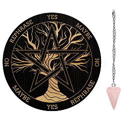 AHADEMAKER 1Pc Custom PVC Plastic Pendulum Board, 1Pc 304 Stainless Steel Cable Chain Necklaces, 1Pc Natural Rose Quartz Stone Pendants, for Witchcraft Wiccan Altar Supplies, Star Pattern, Board: 200x4mm(DIY-GA0004-92F)