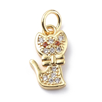 Brass Micro Pave Cubic Zirconia Charms, with Jump Ring, Cat with Bow Charms, Real 18K Gold Plated, 13.5x8x2mm, Hole: 3.2mm