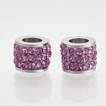 201 Stainless Steel Beads, with Polymer Clay Rhinestone, Column, Rose, 5.5x7mm, Hole: 3.5mm