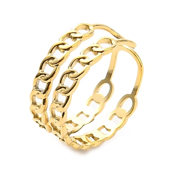 304 Stainless Steel Curb Chains Shape Open Cuff Ring for Women, Real 14K Gold Plated, Inner Diameter: 17mm