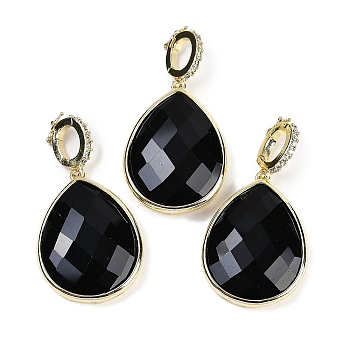 Natural Obsidian Faceted Teardrop Pendants, Rack Plating Brass Micro Pave Clear Cubic Zirconia Charms, Golden, 27x20x6.5mm, Hole: 6.5x4.5mm