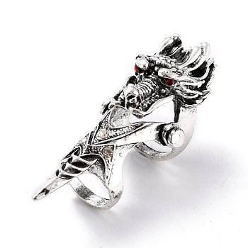 Alloy Rhinestones Finger Rings for Men, Wide Band Rings, Dragon, Antique Silver, Garnet, Inner Diameter: 16.5mm and 21mm, 75.5x28x32mm