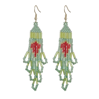 304 Stainless Steel with Glass Dangle Stud Earring, Tassel, Yellow Green, 92x35mm