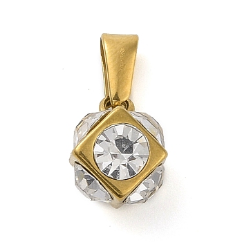 304 Stainless Steel Pendants, with Crystal Rhinestone, Cube Charm, Golden, 12x8x9mm, Hole: 6.3x2mm