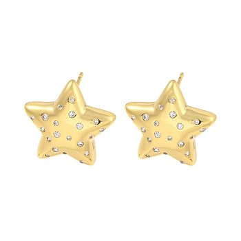 Rack Plating Brass Micro Pave Clear Cubic Zirconia Stud Earring, Cadmium Free & Lead Free, Long-Lasting Plated, Star, Real 18K Gold Plated, 21x21mm