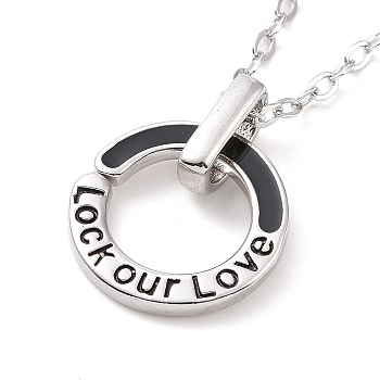 Black Enamel Ring Pendant Necklace, Word Lock Our Love Brass Couple Necklace for Men, Platinum, 23.39 inch(59.4cm)