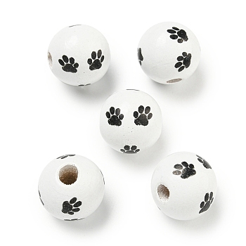 Printed Wood European Beads, Round with Paw Print Pattern, White, 15.5~16mm, Hole: 4~4.5mm