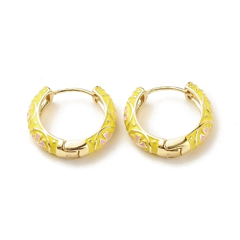 Flower Enamel Hoop Earrings, Gold Plated Brass Hinged Earrings for Women, Yellow, 20x22x5mm, Pin: 0.9mm