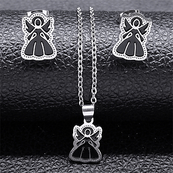 304 Stainless Steel Enamel Angel Stud Earrings & Pendant Necklace Set for Women, Stainless Steel Color, 498mm