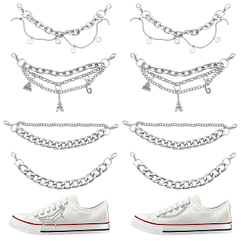 WADORN 8Pcs 4 Style Alloy Shoe Chain Straps, with Lobster Claw Clasp, for High Top Canvas Sneaker, Platinum, 124~144mm, 2pcs/style