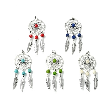 Synthetic Turquoise Dyed Big Pendants, Antique Silver Plated Alloy Woven Web/Net Charms, Mixed Color, Feather, 69x28x6.5~7mm, Hole: 3.5mm
