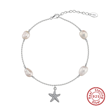 925 Sterling Silver Cable Chain Anklet, Natural Freshwater Pearls, Micro Pave Grade 4A Cubic Zirconia Star Charm, Real Platinum Plated, 8-7/8 inch(22.5cm)