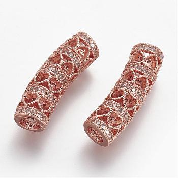 Brass Micro Pave Cubic Zirconia Tube Beads, Tube, Large Hole Beads, Clear, Rose Gold, 25x8.6x7.4mm, Hole: 4.2mm