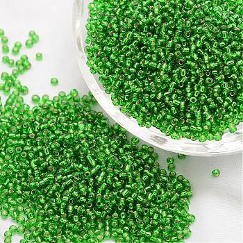 12/0 Transparent Glass Round Seed Beads, Grade A, Silver Lined, Green, 1.8~2.0mm, Hole: 0.8mm, about 28000pcs/pound