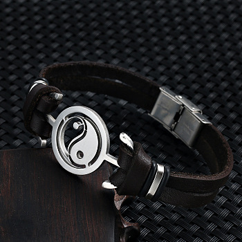 Stainless Steel Yin Yang Link Bracelet with Leather Cords, Coconut Brown, 7-7/8 inch(20cm)