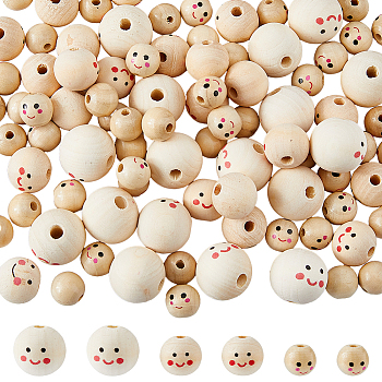 100Pcs 3 Styles Printed Wood European Beads, Large Hole Bead with Smiling Face, Undyed, Round, 14~24x14~22.5mm, Hole: 4~4.9mm