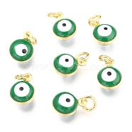 Brass Enamel Charms, Real 18K Gold Plated, Long-Lasting Plated, with Jump Ring, Evil Eye, Sea Green, 9.5x6.5x4.5mm, Hole: 2.5mm(KK-B024-02G-J)