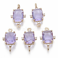 Glass Links connectors, with Brass Micro Pave Cubic Zirconia, Faceted, Rectangle, Light Gold, Lilac, 20x12x5.5mm, Hole: 1.2mm(GLAA-T021-12E)