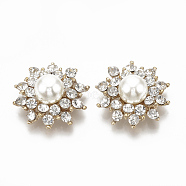 Alloy Cabochons, with Rhinestone and ABS Plastic Imitation Pearl, Flower, Golden, Crystal, 25x24x10.5mm(RB-S048-34)