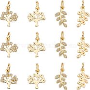 SUPERFINDINGS 12Pcs 2 Style  Brass Micro Pave Clear Cubic Zirconia Pendant, with Jump Ring, Long-Lasting Plated, Tree & Leaf, Golden, 13~14x8~11x2mm, Hole: 3mm, 6pcs/style(KK-FH0004-15)