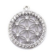 Brass Micro Pave Clear Cubic Zirconia Pendants, Long-Lasting Plated, Lead Free & Cadmium Free, Flat Round with Flower, Platinum, 20x18x2mm, Hole: 1.4mm(ZIRC-A018-05P-RS)