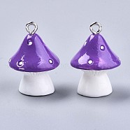 Opaque Resin Pendants, with Platinum Tone Iron Loops, Mushroom with Polka Dots, Dark Violet, 23~24x17mm, Hole: 2mm(X-RESI-T028-69C)