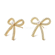 Rack Plating Brass Micro Pave Clear Cubic Zirconia Bowknot Stud Earrings for Women, with Glass Pearl Beads, Cadmium Free & Lead Free, Long-Lasting Plated, Real 18K Gold Plated, 25.5x25mm(EJEW-P280-27G)