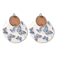 Printed Acrylic Pendants, Flat Round with Butterfly Pattern,  with Poplar& Platinum Loop, Cornflower Blue, 47.5x40.5x2.5mm, Hole: 5mm(FIND-B045-19B)