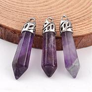 Bullet Natural Amethyst Pendants, with Platinum Tone Alloy Findings, 33~40x8~10mm, Hole: 3x2mm(G-E332-C08)