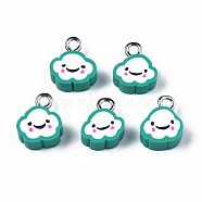 Handmade Polymer Clay Charms, with Platinum Plated Iron Loop, Cloud with Smile, Light Sea Green, 11~14x9~11.5x4mm, Hole: 1.8mm(CLAY-N006-37B-01D)