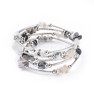 Five Loops Natural Tourmalinated Quartz/Black Rutilated Quartz & Moonstone Wrap Bracelets, with Brass Tube Beads, Iron Spacer Beads and Tibetan Style Alloy Bead Caps, 2-1/4 inch(5.6cm)(BJEW-JB04488-01)