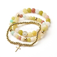 Rosary Cross Stretch Bracelets Set, Religious Jewelry with Dyed Natural White Jade & Brass Beads, Mixed Color, Inner Diameter: 2~2-1/8 inch(5~5.5cm), 3pcs/set(BJEW-JB06674)