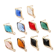 Brass Stud Earring Findings, with Glass and 304 Stainless Steel Pins & Horizontal Loops, Light Glod, Rhombus, Mixed Color, 18~19x10x4~4.5mm, Hole: 1.8mm, Pin: 0.8mm(KK-Q777-24LG)