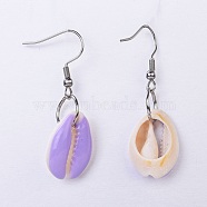Dangle Earring, with Stainless Steel Findings, Cowrie Shell and Enamel Beads, Lilac, 41.5~45.5mm, Pin: 0.6mm(EJEW-JE03102-06)
