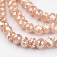 Electroplate Glass Beads Strands, Imitation Jade, Pearl Luster Plated, Faceted Rondelle, Bisque, 6x4mm, Hole: 1mm, about 100pcs/strand, 15.7 inch(EGLA-P018-6mm-PL-A03)