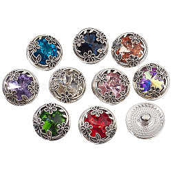 1Set Alloy Snap Button, with Glass, Jewelry Buttons, Antique Silver, Flat Round, Mixed Color, 20x11mm, 10pcs/set(FIND-DR0001-13)