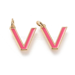 Brass Enamel Pendants, with Jump Ring, Long-Lasting Plated, Real 18K Gold Plated, Letter.V, Hot Pink, Letter.V, V: 15.5x14.5x1.8mm, Jump Rings: Inner Diameter: 3mm(KK-R139-01V)