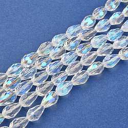 Electroplate Glass Bead Strands, AB Color Plated, Faceted, teardrop, Clear AB, 12x8mm, Hole: 1mm, about 58pcs/strand, 28.3 inch(EGLA-E010-8x12mm-AB01)