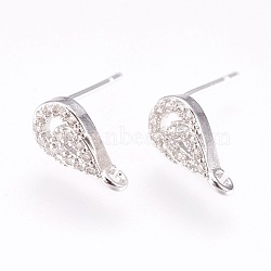 Brass Micro Pave Cubic Zirconia Stud Earring Findings, with Loop, Lead Free & Cadmium Free, Teardrop, Clear, Platinum, 11.5x6x2.5mm, Hole: 1mm, Pin:0.6mm(KK-F753-04P-RS)