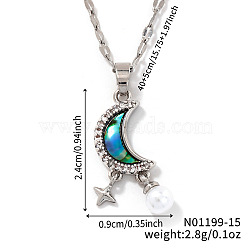 Chic Brass Crystal Rhinestone Moon Star Pendant Necklaces, with Paua Shell, for Fashionable Personality, Platinum, 15.75 inch(40cm)(QW2604-1)