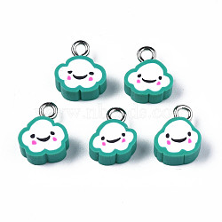 Handmade Polymer Clay Charms, with Platinum Plated Iron Loop, Cloud with Smile, Light Sea Green, 11~14x9~11.5x4mm, Hole: 1.8mm(CLAY-N006-37B-01D)