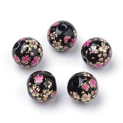 Printed Glass Beads, Round with Flower Pattern, Black, 11~12x11mm, Hole: 1.5mm(GFB-Q001-12mm-E03)