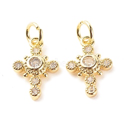 Brass Micro Pave Clear Cubic Zirconia Pendants, Cadmium Free & Lead Free, Cross, Real 18K Gold Plated, 18x9.5x2.5mm, Hole: 3.5mm(ZIRC-P094-01G-RS)