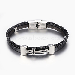 Leather Braided Cord Bracelets, with 304 Stainless Steel Finding, Rectangle with Cross, Black, 8-1/4 inch(210mm), 8.5x3~7mm(X-BJEW-E324-A05)