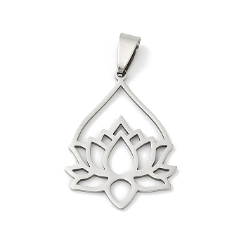 201 Stainless Steel Pendants, Lotus, Stainless Steel Color, 33.5x25x1mm, Hole: 8x4.5mm