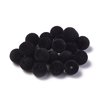 Flocky Acrylic Beads, Round, Black, 14mm, Hole: 2mm