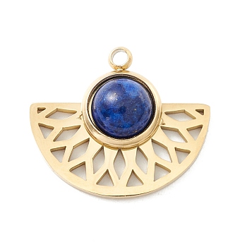 Ion Plating(IP) 304 Stainless Steel Pendants with Synthetic Lapis Lazuli Cabochon, Fan, Dark Blue, 15x18x4.5mm, Hole: 1.3mm